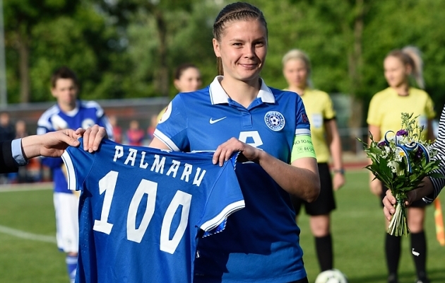 Kaire Palmaru on ainsa Eesti naisena jõudnud kolmekohalise arvu koondisemängudeni. Foto: Imre Pühvel