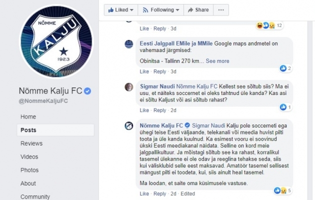 Foto: Ekraanit&otilde;mmis N&otilde;mme Kalju FC Facebooki konto seinal toimunud vestlusest