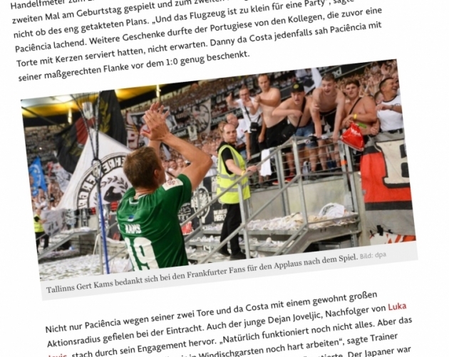 Kapten Gert Kams Frankfurdi f&auml;nne t&auml;namas. Foto: Andres Must/faz.de