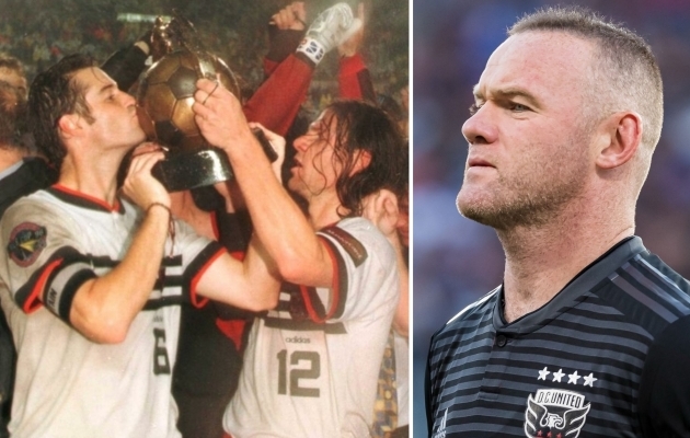 D.C. United rõõmustamas 1996. aasta MLS-i meistritiitli üle ja Wayne Rooney (paremal), kes neid tiitlini viia ei suutnud ja klubist enneaegselt lahkus. Fotod: MLS-i Twitter
