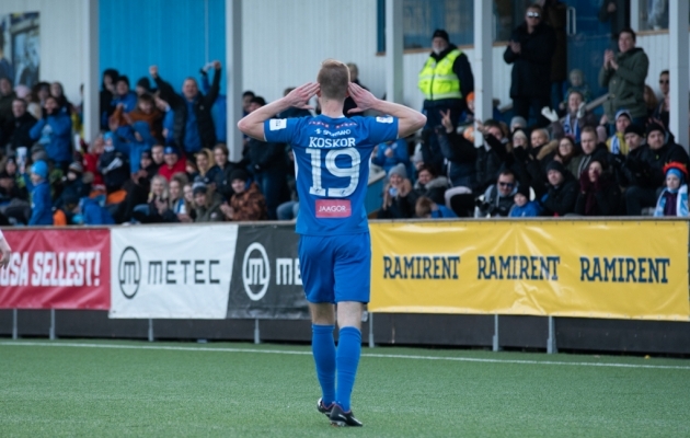 Tristan Koskor võiduväravat tähistamas. Foto: Liisi Troska / jalgpall.ee