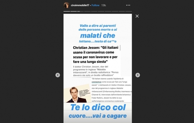 Ciro Immobile ei jätnud arvamust enda teada. Foto: kuvatõmmis Instagrami story'st