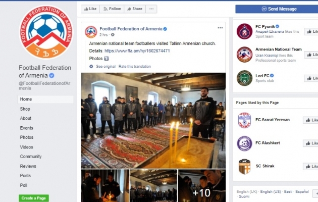 Armeenia jalgpalliliidu Facebooki-lehel avaldatud fotod koondmeeskonna tänahommikusest kirikuskäigust ja kohtumisest FC Ararati noormängijatega. Foto: kuvatõmmis Facebookist
