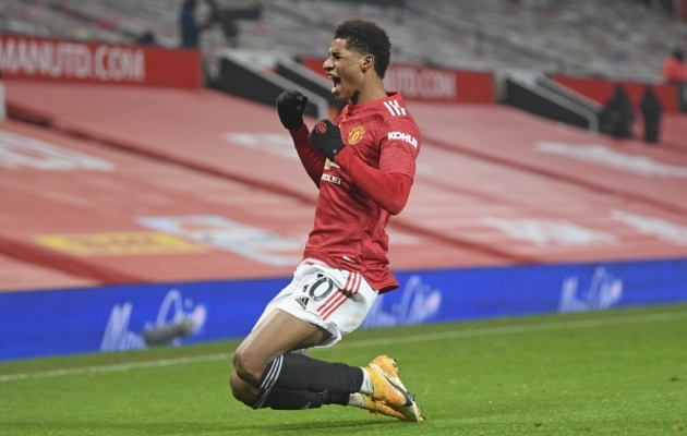 Marcus Rashford v&otilde;iduv&auml;ravat t&auml;histamas. Foto: Scanpix / Michael Regan / AP