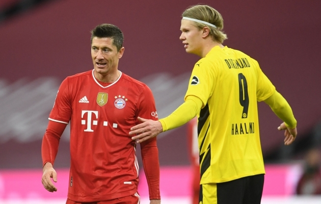 Erling Braut Haaland (paremal) lõi 9. minutiks kaks väravat, aga Robert Lewandowski vastas kolmega. Foto: Scanpix / AFP / Andreas Gebert
