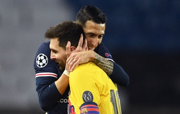 Angel Di Maria r&otilde;&otilde;mustab, Lionel Messi kurvastab. Foto: Scanpix / Franck Fife / AFP
