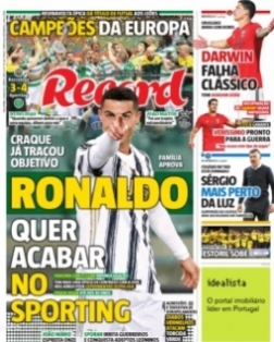 "Cristiano Ronaldo soovib l&otilde;petada karj&auml;&auml;ri Sportingus!" teatab t&auml;nase Recordi esikaas. Foto: kuvat&otilde;mmis