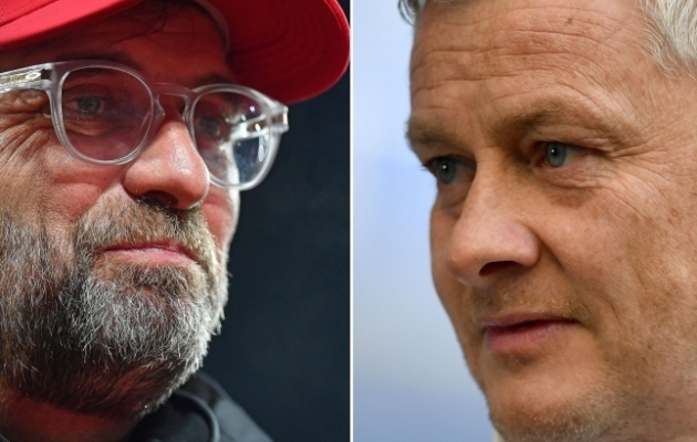 Liverpooli peatreener Jürgen Klopp (vasakul) ja Manchester Unitedi peatreener Ole Gunnar Solskjaer. Foto: Scanpix / AFP / Paul Ellis
