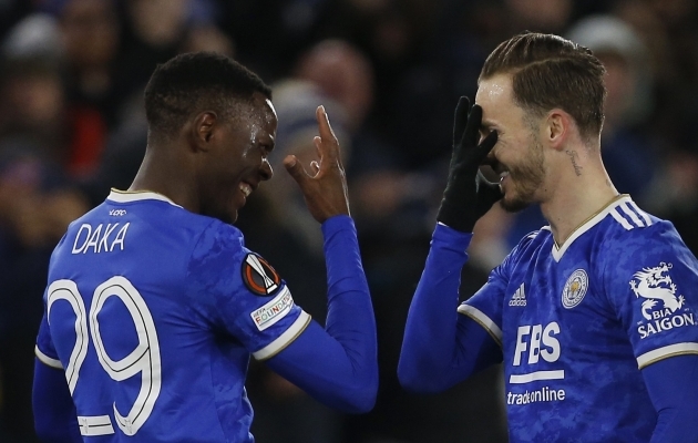Leicester City mängumehed Patson Daka ja James Maddison. Foto: Scanpix / Craigh Brough / Reuters