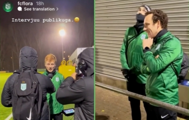 Kuvatõmmised FC Flora Instagrami-story'st, kus näha, kuidas Danil Kuraksini intervjuud kuulavad tähelepanelikult Konstantin Vassiljev ja Sergei Zenjov. Foto: kuvatõmmis Instagramist