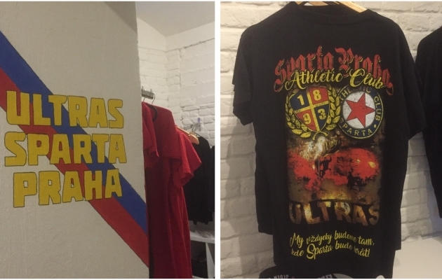 Praha Sparta ultrafännide kaupluses avanev vaade ja müüdav särk. Foto: Ott Järvela