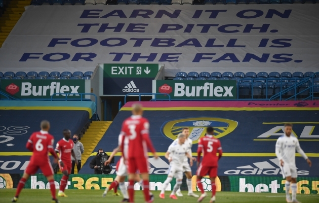 Leeds Unitedi protest mängul Superliiga toonase liikme Liverpooliga. Foto: Scanpix / Pool via REUTERS / Paul Ellis
