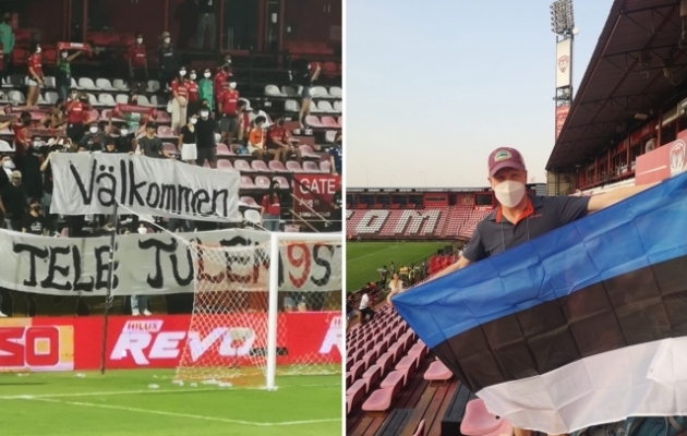 Muangthong Unitedi fännid tervitasid Henri Anieri eestikeelse kirjaga ("tere" asemel on kirjutatud "tele", sest r-tähte tai keeles pole) ning debüütmängul nägi staadionil ka Eesti lippu, mille eest hoolitses legendaarne koondise fänn Rootsi Kunn. Fotod: erakogu