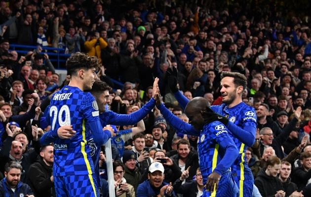 V&otilde;idum&auml;ngu dirigent N'Golo Kante ning tabamuse autorid Kai Havertz ja Christian Puli&scaron;ic. Foto: Scanpix / Justin Tallis / AFP