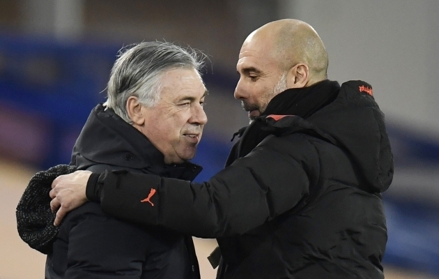 Carlo Ancelotti ja Pep Guardiola. Foto: Scanpix / Peter Powell / Reuters
