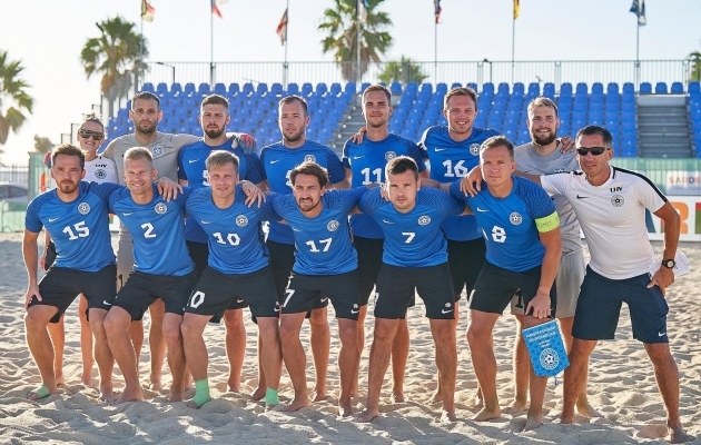 Eesti rannajalgpalli koondis lõpetas A-divisjoni mängud võidukalt. Foto: BSWW