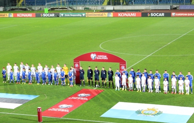 2014. aasta EM-valikmäng San Marino - Eesti, mis lõppes 0:0 viigiga. Tegu on ühega kaheksast kohtumisest läbi jalgpalliajaloo, mida San Marino meeskond EI OLE kaotanud. Foto: Kasper Elissaar