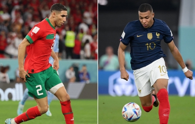 Samal äärel lähevad vastamisi PSG staarid Achraf Hakimi (Maroko) ja Kylian Mbappe (Prantsusmaa). Kumb jääb peale? Foto: Scanpix / Jack Guez / Franck Fife / AFP