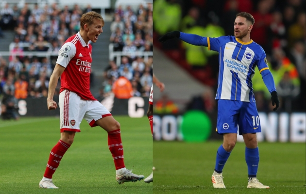 Premier League'i hooaja 2022-23 enim arenenud mängijad olid Martin Ödegaard (vasakul) ja Alexis Mac Allister (paremal). Foto: Scanpix / Lee Smith / Action Images via Reuters / Gareth Evans / News Images via ZUMA Press Wire