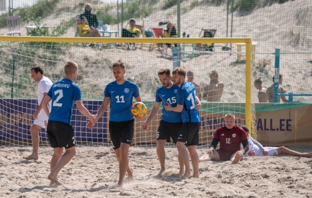 Eesti rannajalgpallikoondis lõi Lätile kaks väravat. Foto: Liisi Troska / jalgpall.ee