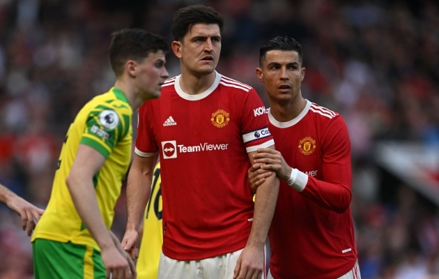 Harry Maguire oli kapten, kui Cristiano Ronaldo lõi mullu 16. aprillil Norwich City vastu 3:2 võidumängus kübaratriki. Foto: Scanpix / Paul Ellis / AFP