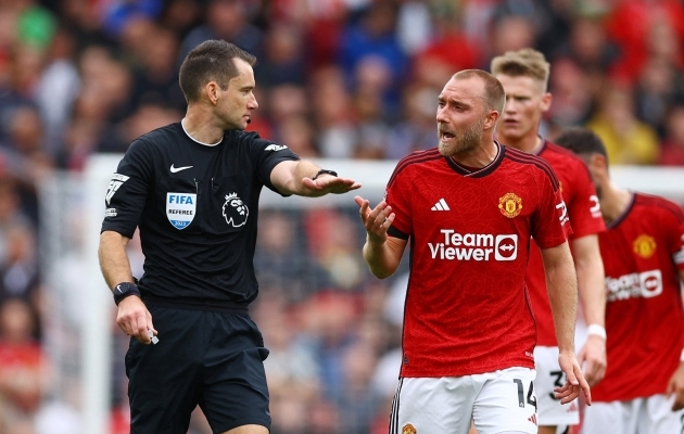 Vaidleb Christian Eriksen mis ta vaidleb, aga kohtunikud Manchester Unitedi väravat ära ei loe. Foto: Scanpix / Reuters / Molly Darlington