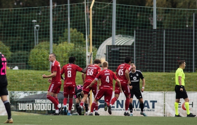 Aleksandr Ivanju&scaron;in l&otilde;i hooaja teise v&auml;rava t&auml;htsas kohas. Foto: Katariina Peetson / jalgpall.ee