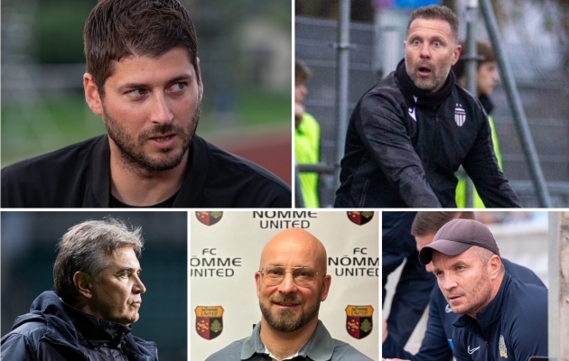 Premium liigas alustavad 2024. aasta hooaega viis v&auml;lismaalasest peatreenerit. Nendeks on (&uuml;levalt vasakult p&auml;rip&auml;eva) Ivan Stojkovic (Paide Linnameeskond), Curro Torres (FCI Levadia), Roman Kožuhhovski (FC Kuressaare), Jani Saraj&auml;rvi (N&otilde;mme United) ja Aleksei Eremenko (Narva Trans). Fotod: Katariina Peetson / jalgpall.ee, Liisi Troska / jalgpall.ee, N&otilde;mme United