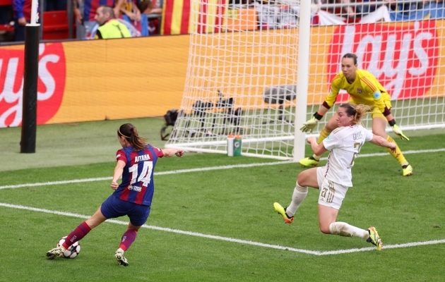 Siit sünnib Barcelona 1:0 juhtima viinud Aitana Bonmati värav. Foto: Maja Hitij - UEFA / UEFA via Getty Images