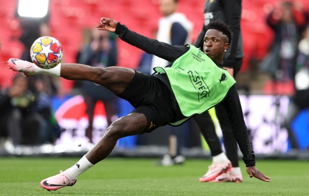 Madridi Reali ääreründaja Vinicius Junior mängu-eelselt treeningul Wembley'l. Foto: Julian Finney - UEFA / UEFA via Getty Images