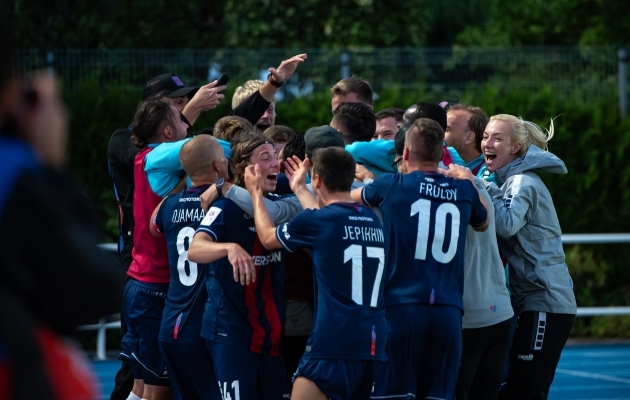 Oskar Hõim lõi Paide Linnameeskonna 120+1. minutil kahe mängu kokkuvõttes võidule. Foto: Liisi Troska / jalgpall.ee