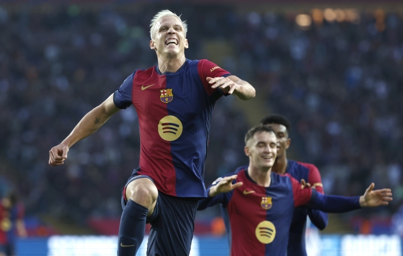 Dani Olmo lõi Barcelona kolmest väravast kaks. Foto: Scanpix / Joan Monfort / AP Photo