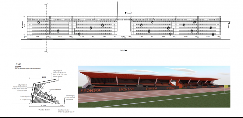 Eskiis Laagri staadionile ehitatatavst staadionist ja varikatusest. Foto: Eesti Riigihangete register