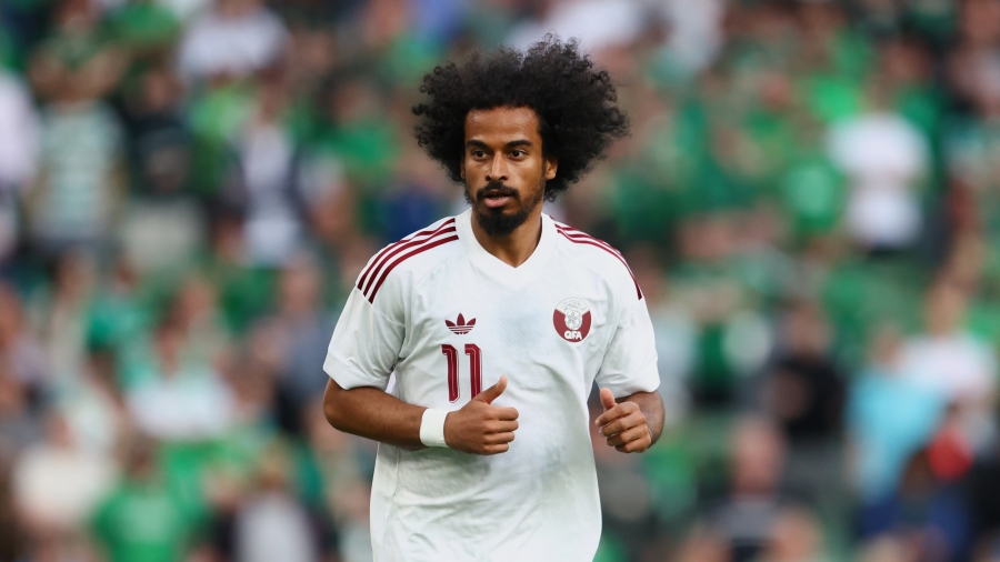Katari koondise n&auml;gu Akram Afif. Foto: Scanpix / Peter Morrison / AP Photo
